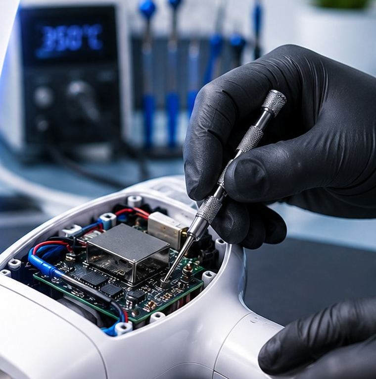 Técnico de DepilFix soldando un componente en la placa base de una depiladora láser